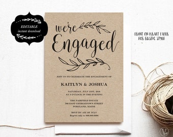Engagement Invitation Template, Printable Engagement Party Invitation, Kraft Invitation, INSTANT DOWNLOAD, Editable Text, ENG01, VW01