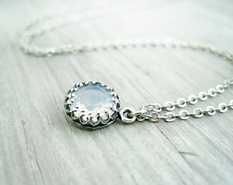 Bridal necklace antique silver round crystal crown setting silver opaque white bridal jewelry