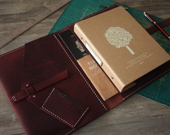 iPad Case, Hand Stitched Leather iPad Air Portfolio, Leuchtturm1917 / Moleskine Notebook Covers, Premium Red Wine Leather, 3 color Thread