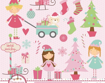 Pink christmas elves, printable digital clipart set