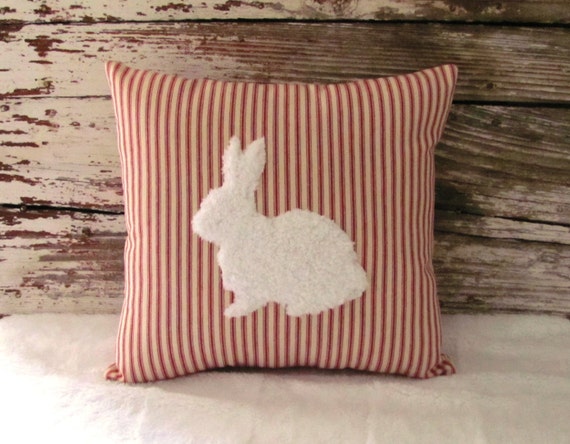 rabbit pillow white fur red ticking stripe by CabinAndCoast