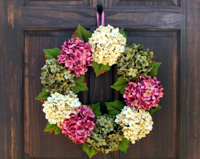 Spring Hydrangea Wreath for Front Door, Wreath with Pink Cream and Green Faux Hydrangeas, Summer Door Wreath, Spring Wreath for Porch Decor