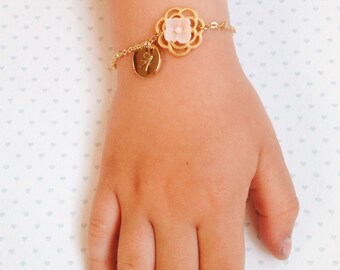 Flower Girl Bracelet Gold Initial Bracelet Personalized Girl Jewelry Girls Initial Bracelet Peach Blush Wedding Jewelry