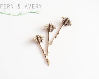 Choose silver or golden bronze bee hair pins. Bee bobby pins. Elegant Bee hair clip. Dainty bee hair clip.