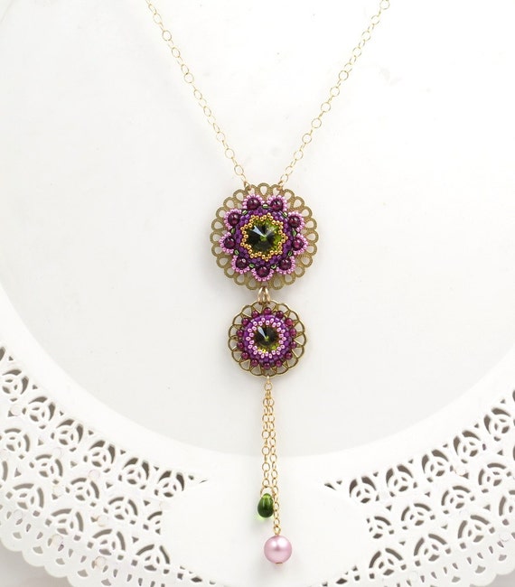 Flower pendant necklace Long necklace gold Artisan necklace