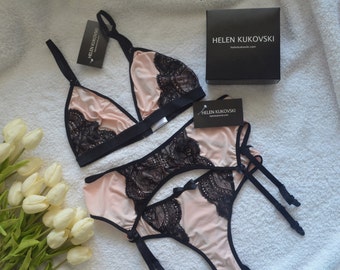 Sexy garter belt lingerie set / black lace bralette / black lace panties