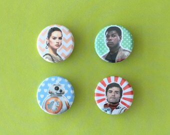 Star Wars The Force Awakens Inspired Rey / Finn / Poe / BB-8 Pinback Buttons