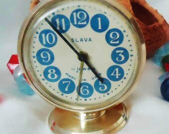 Vintage Alarm Clock ,Soviet Clock, Russian Clock , Mechanical Clock , White Retro clock , Slava,Vintage Russian Alarm Clock Soviet SLAVA