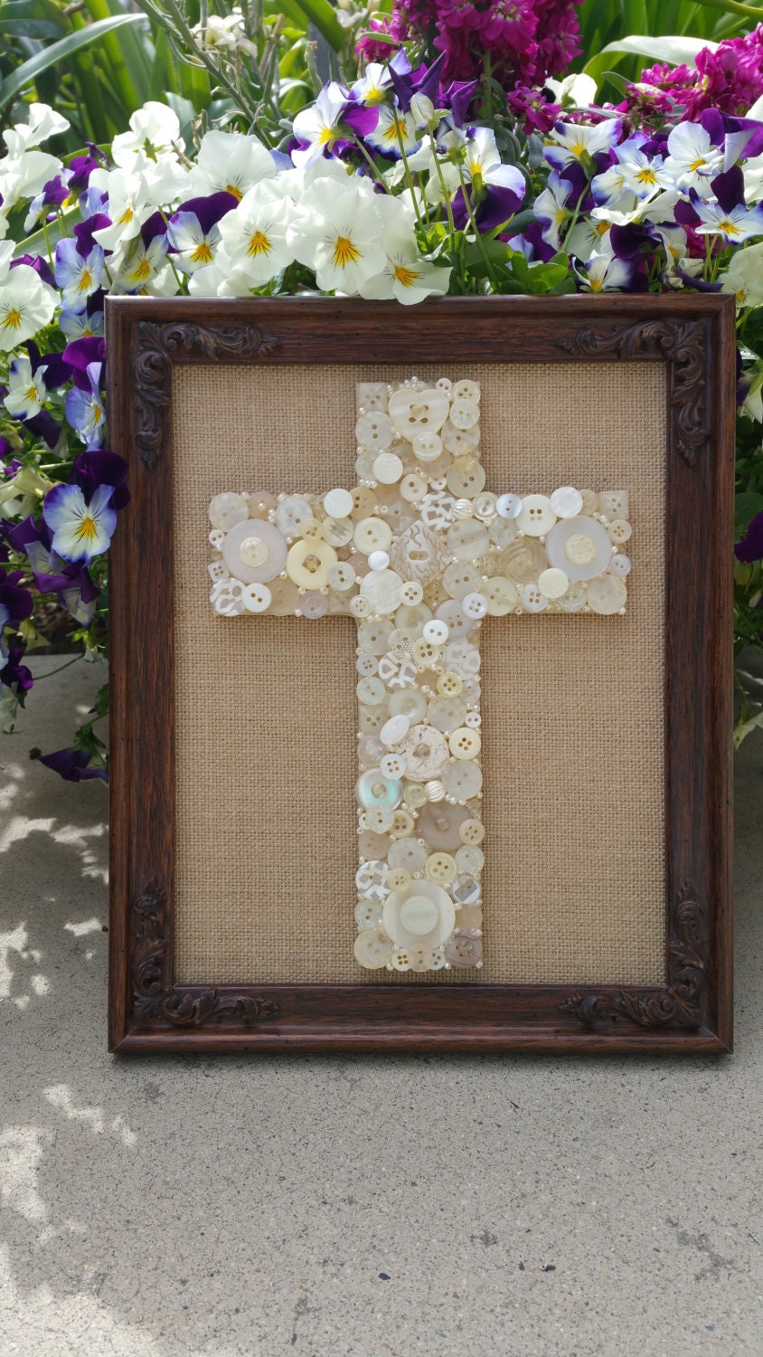 Button Cross Framed Wall Art Religious by CaliforniaCrownJewel