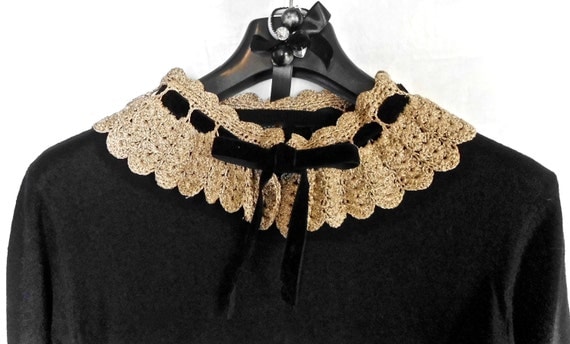 Gold Crochet Lace Peter pan Collar. With Black velvet Ribbon. One of a kind. Handmade in Rome by SaraDollFashion steampunk buy now online
