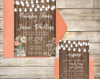 Wedding Invitation Suite, Wedding Invitations, Rustic Wedding Invitation, Wooden, Baby's Breath, Mason Jar, Coral, Lights