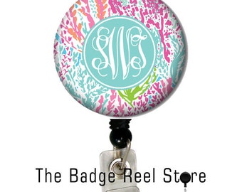 Personalized Badge Reel, Monogram Badge Reel, Monogram ID Badge, Monogram Retractable Badge Reel, Name Tag - Preppy Coral