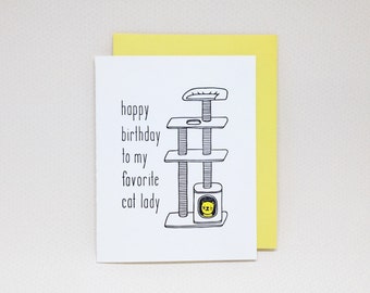 Letterpress Birthday Card: Happy Birthday to My Favorite Cat Lady // cat lover birthday card, birthday card from cat, cat tree furniture