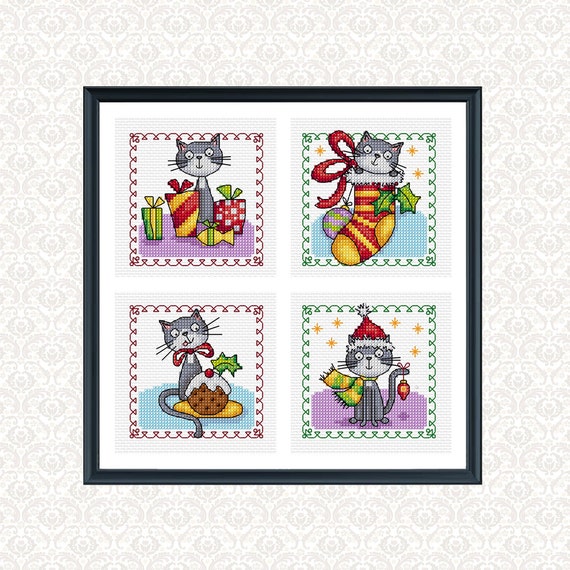 christmas cats 4 cross stitch patterns by DureneJones on Etsy