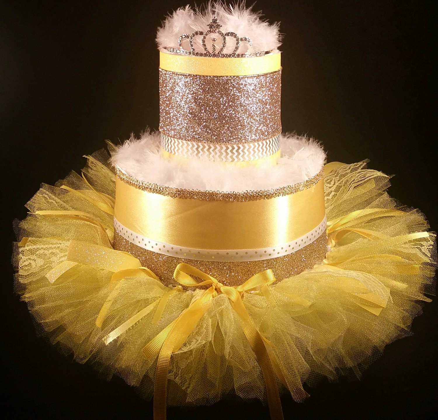 2 Tier Yellow & Gold Princess DIAPER CAKE w/ tiara tutu