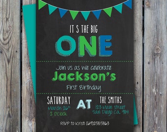 Printable first birthday invitation, boy, One year old party invitation, printable first party, digital first party invitation, the big one