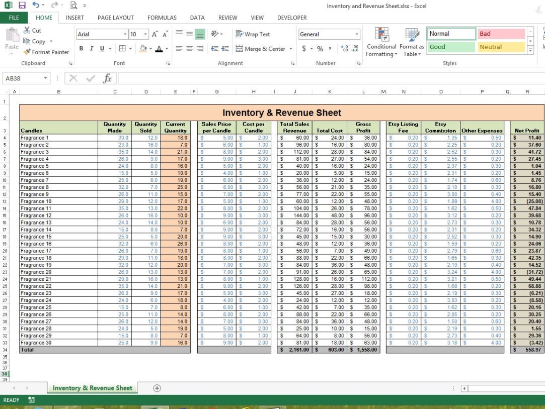 Inventory & Revenue Sheet Excel Spreadsheet Small by EddyBrands