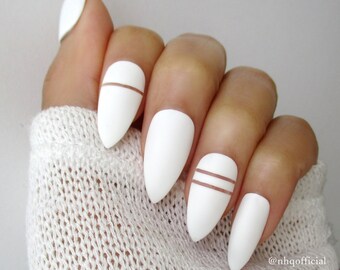 White Matte Stiletto Nails | Almond Nails | Fake Nails | Press on Nails | Negative Space