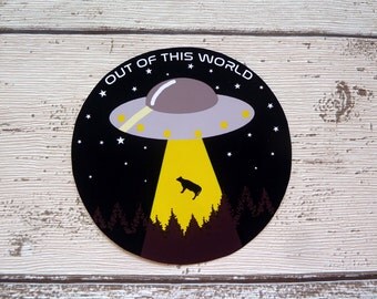 Out of this world, UFO, Gloss Vinyl Sticker, Alien, Flying Saucer, Abduction, Cow, Space, Sci fi, Cool Stickers, Laptop Stickers, Cute