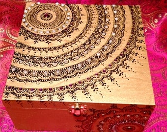 Henna/Mendhi inspired Gold Mandala Keepsake Jewelry Box with Jewel Toned Gem Stones!