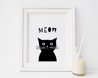 Cat printable wall art, Nursery print, Baby Girl Gift, Cat Meow Print, Nursery Decor Cat, Black and White Print, Cat Wall Art, Kids Decor