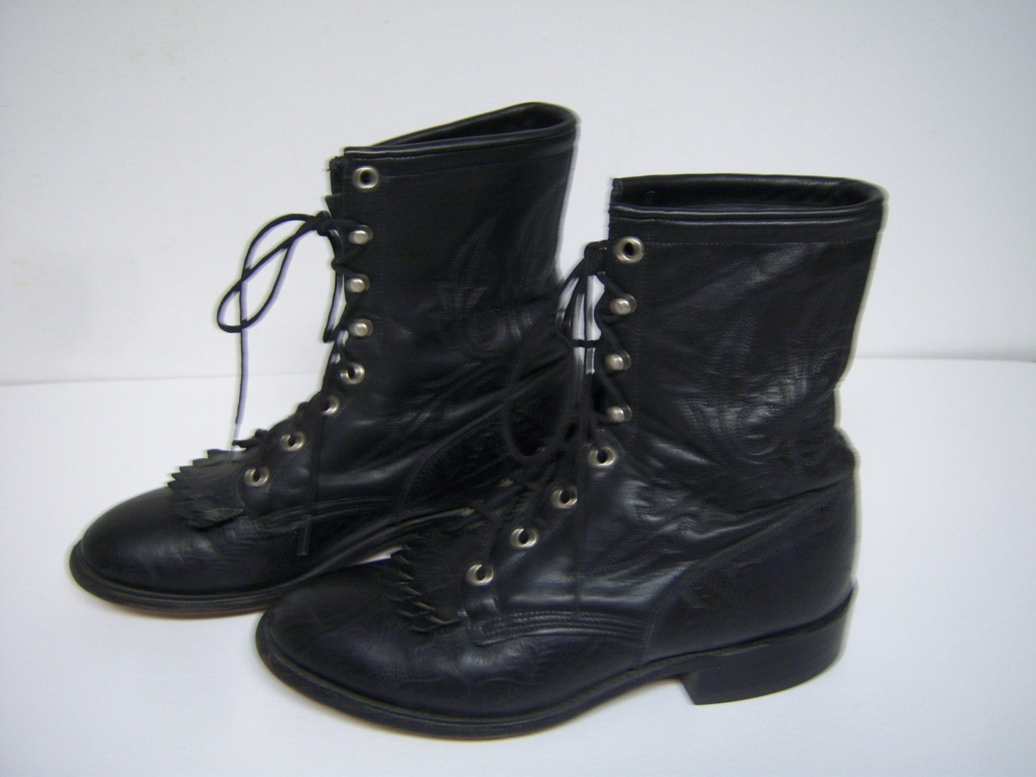 Larry Mahan Boots Ladies Size 7M Black Tooled Leather Well
