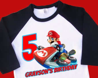 Mario Kart Birthday Shirt. Super Mario Birthday Shirt. Personalized Raglan with Name & Age. 2nd 3rd 4th 5th 6th 7th 8th 9th Birthday (35091)