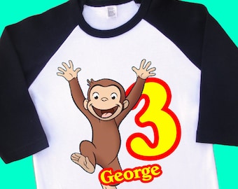 Curious George Birthday Shirt. Personalized Raglan with Name & Age. 1st 2nd 3rd 4th 6th 7th 8th 9th Birthday Tee, T Shirt, Tshirt. (15096)