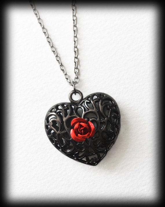 Gothic Heart Necklace Red Rose Victorian Pendant Filigree