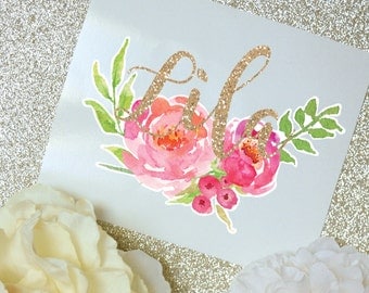 Peony Watercolor Monogram Decal, Watercolor Flowers, Flower Decal, Tumbler Decal, Watercolor Peonies, Printed Decal, Floral Decal