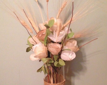 Burlap Wrapped Floral Arrangement / Paper Flower Arrangement / Paper Roses Arrangement / Wheat Stalks