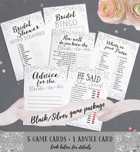 Bridal Shower Printable Games Package - Includes Advice Card - Instant Download - Black and Silver Glitter Bridal Shower Games Package