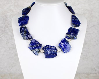 Gorgeous Lapis Lazuli Necklace Made of Rough Stones