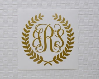 Laurel Wreath Border Script Monogram Decal: Car, YETI Cup, Water Bottle, Phone, Laptop Leaf Initials Vinyl Sticker- 10 Colors