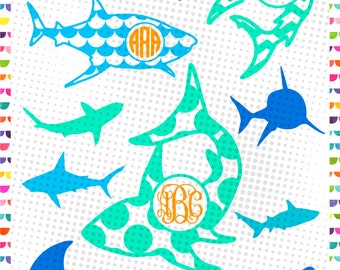 Shark SVG Monogram Frames - cut file - Shark Jaws Cutting Files for Cricut Silhouette - shark clipart - Jpg, Png, SVG dxf EPS Files
