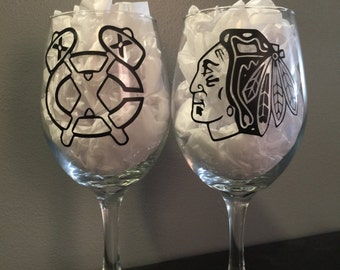 Pair of Chicago Blackhawks Wine Glasses