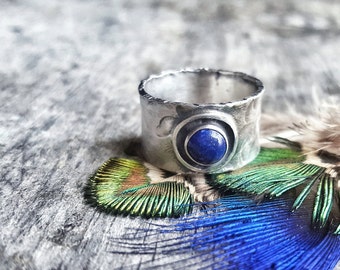 Lapis Ring - Wide Band Sterling Silver Ring - Hand Forged Metal Jewelry - Southwestern Ring - Lapis Lazuli Jewelry - Textured Silver Ring
