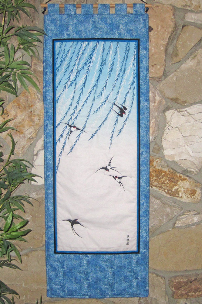 Quilted Wall Hanging Swallows and Willows Japanese Asian