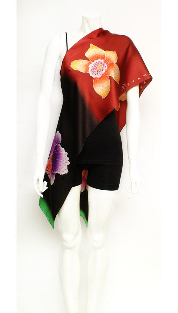 Hand painted silk scarf with four different Orchids. Batik painted on charmeuse silk. Size 13"x72".