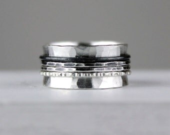 Unique Ombre Hammered Silver Spinner Ring, Meditation Ring, Recycled Silver