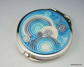 Compact Mirror in Turquoise and Silver Polymer Clay Filigree