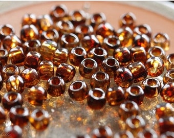 AMBER SEED BEAD No. 1 .. 100 Glossy Picasso Czech Glass Seed Beads Size 6 (4647-g)