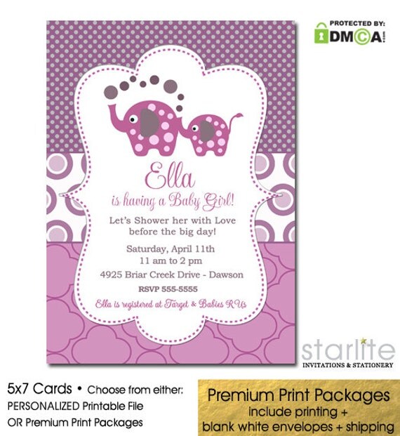 Elephant Baby Girl Shower Invitation Purple Magenta Printable
