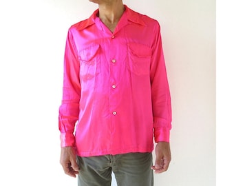 1950s Men's Shirt | Acid Pink | Satin Shirt | 50s Shirt | Medium M