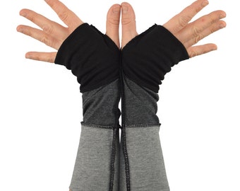 Arm Warmers in Black Charcoal Grey Ombre - Segmented Sleeves - Fingerless Gloves