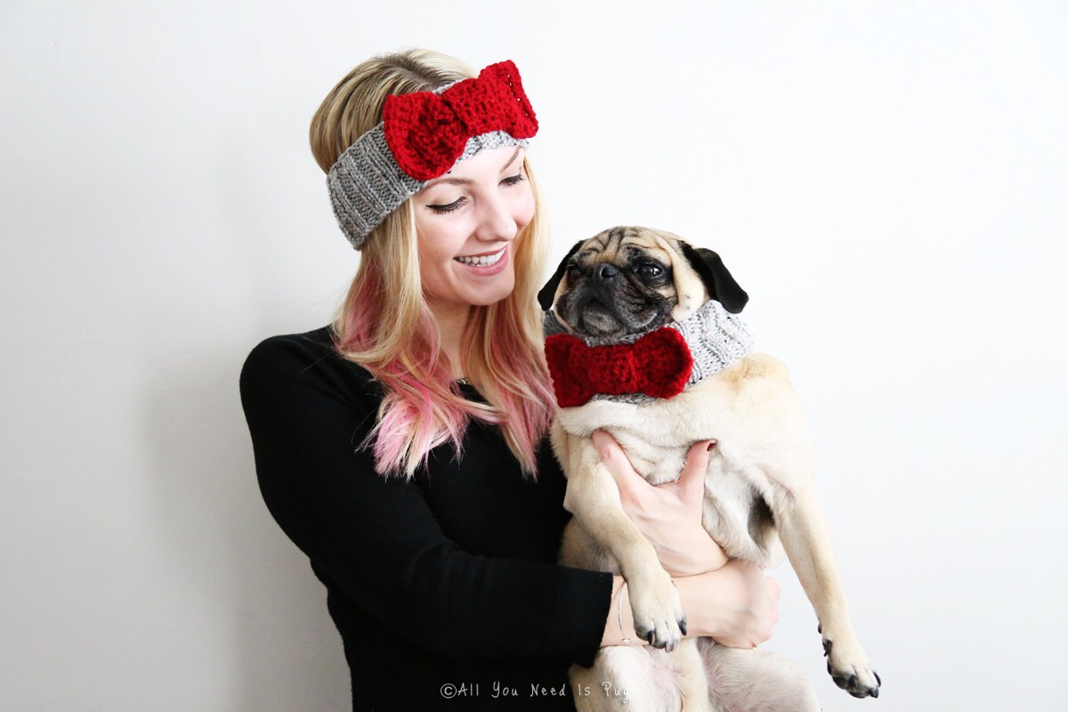 Bow Tie Headband and Knit Dog Collar Set Mother's Day Gift