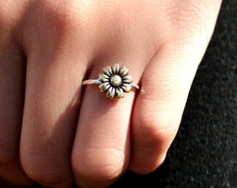 Mammoth Sunflower, Flower Ring, Stack Ring, Silver Stack Ring, Sunflower Stack Ring, Boho Ring, Sterling Silver, Antiqued, Sunflower Ring