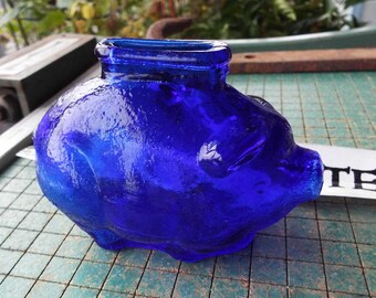 Glass Piggy Bank, cobalt blue, vintage 1992