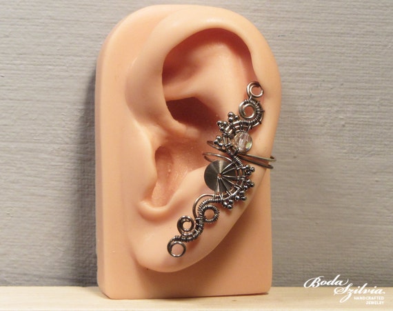 Crystal Pale STEAMPUNK EAR CUFF - silver ear cuff, no piercing ear cuff, gear ear cuff, steampunk jewelry, elegant steampunk, by bodaszilvia steampunk buy now online