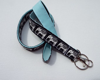 Elephant Lanyard / ID Holder with lobster claw clasp - black white cream elephants - boho - aqua